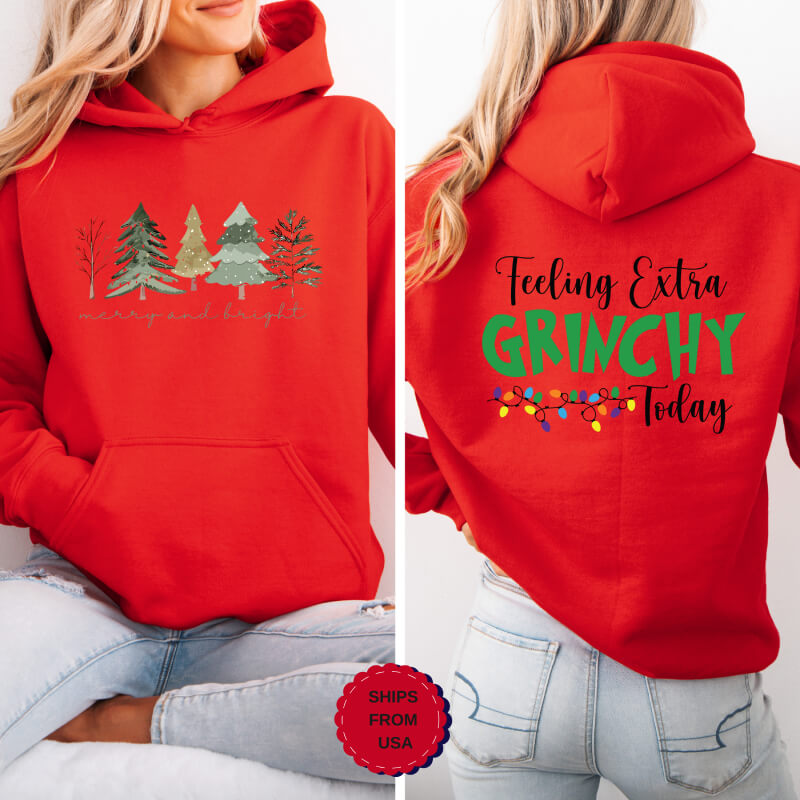 Comfort Colors Front-Back Christmas Hoodie, ''Christmas Trees & Feeling Extra Grinchy'' Design Hoodie, Christmas Hoodie, Christmas Gift, Holiday Hoodie